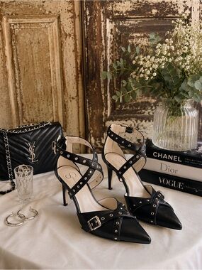 NWOB Jessica Simpson Black Studded Crisscross Pointed-Toe Heels